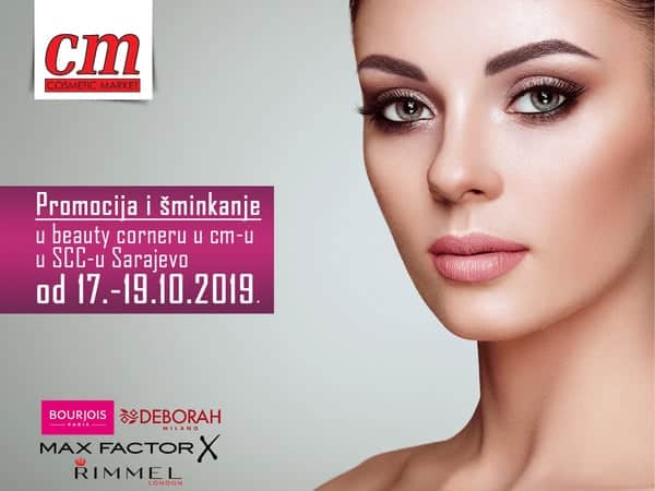 cm cosmetic market. Odmah smo dobre volje čim imamo barem malo make-upa na licu! U periodu od 17.-19.10. u cm-u na trećem spratu TC SCC u Sarajevu, čeka vas lijepo druženje u beauty corneru uz prikazane brendove dekorativne kozmetike. Promocija, pokloni i naravno šminkanje bit će u sljedećim terminima: 17.10. od 10.-12.00 sati 18. i 19.10. od 10.-18.00 sati