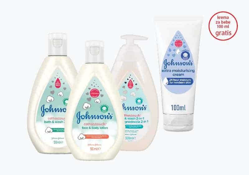 Johnson's  Kupovinom bilo kojeg Johnson's proizvoda iz cotton touch linije, na kasi preuzmite Johnson's extra hidratantnu kremu za bebe od 100 ml na poklon.