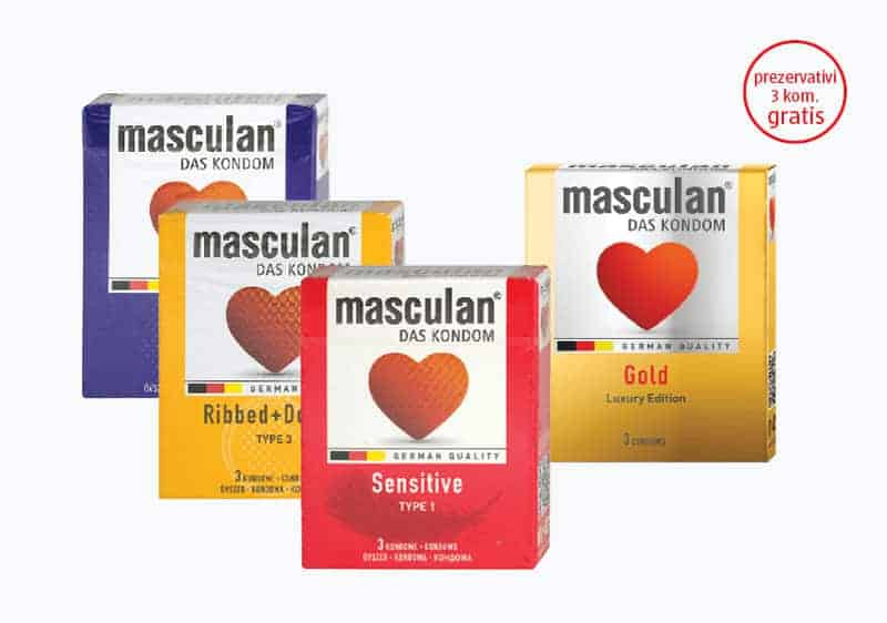 masculan  Kupovinom bilo kojeg pakovanja masculan prezervativa od 3 kom., na kasi preuzmite masculan Gold Luxury Edition prezervative na poklon.
