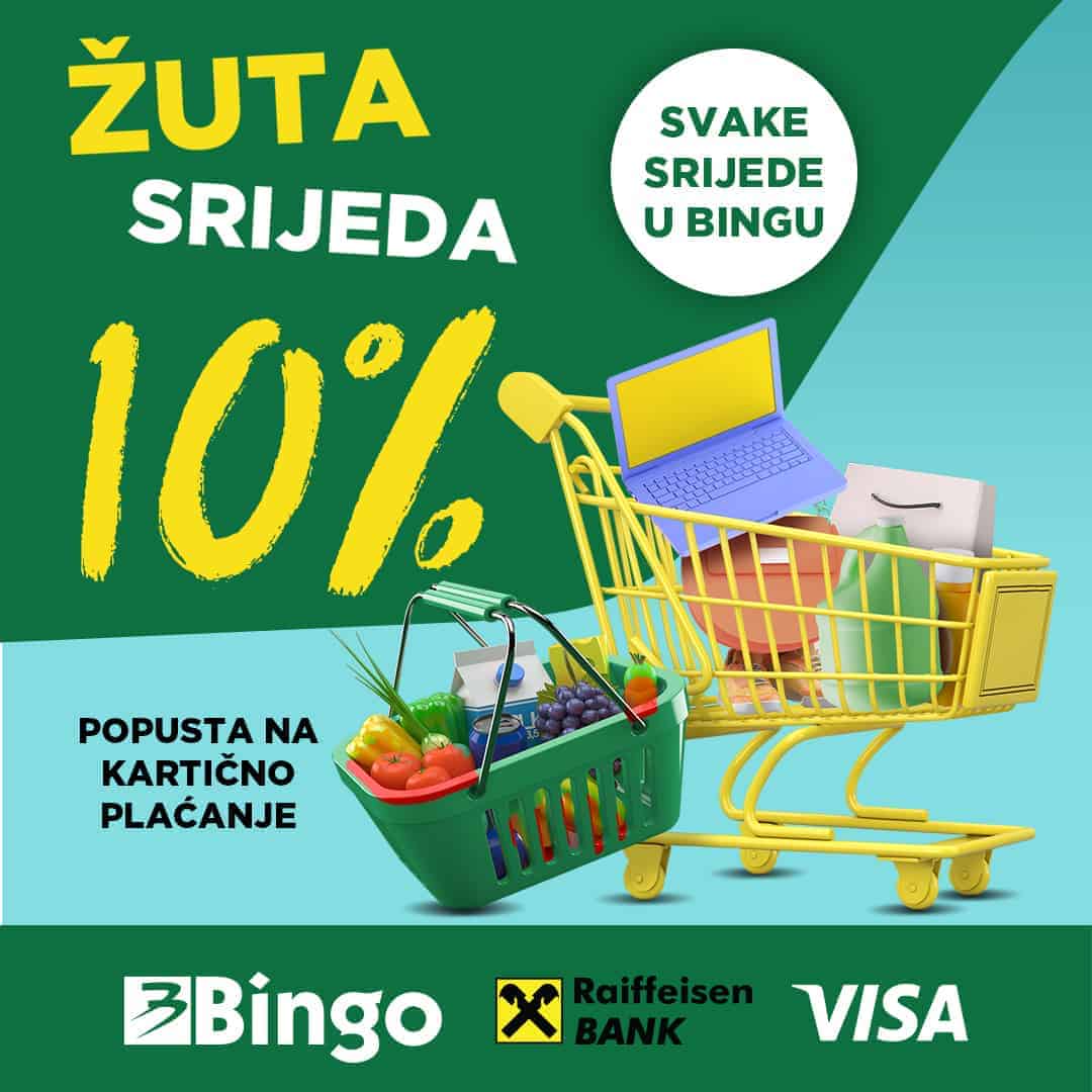 Ostvarite 10% popusta! Žuta srijeda u Bingo trgovinama uz Raiffeisen VISA kreditne ili debitne kartice!