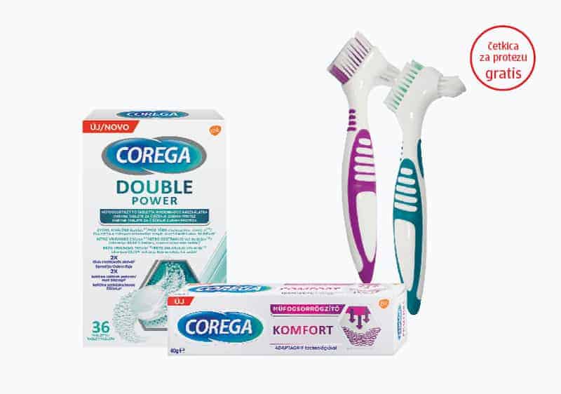 Corega~ Kupovinom Corega Double Power tableta za čišćenje zubne proteze 36 kom. ili Corega Komfort ljepila za pričvršćivanje zubne proteze od 40 g, na kasi preuzmite Corega četkicu za protezu na poklon.
