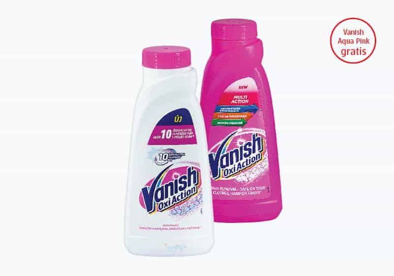 Vanish Oxi Action~Kupovinom bilo koja dva Vanish Oxi Action odstranjivača mrlja od 500 ml, na kasi preuzmite Vanish Oxi Action Aqua Pink, odstranjivač mrlja od 500 ml na poklon.