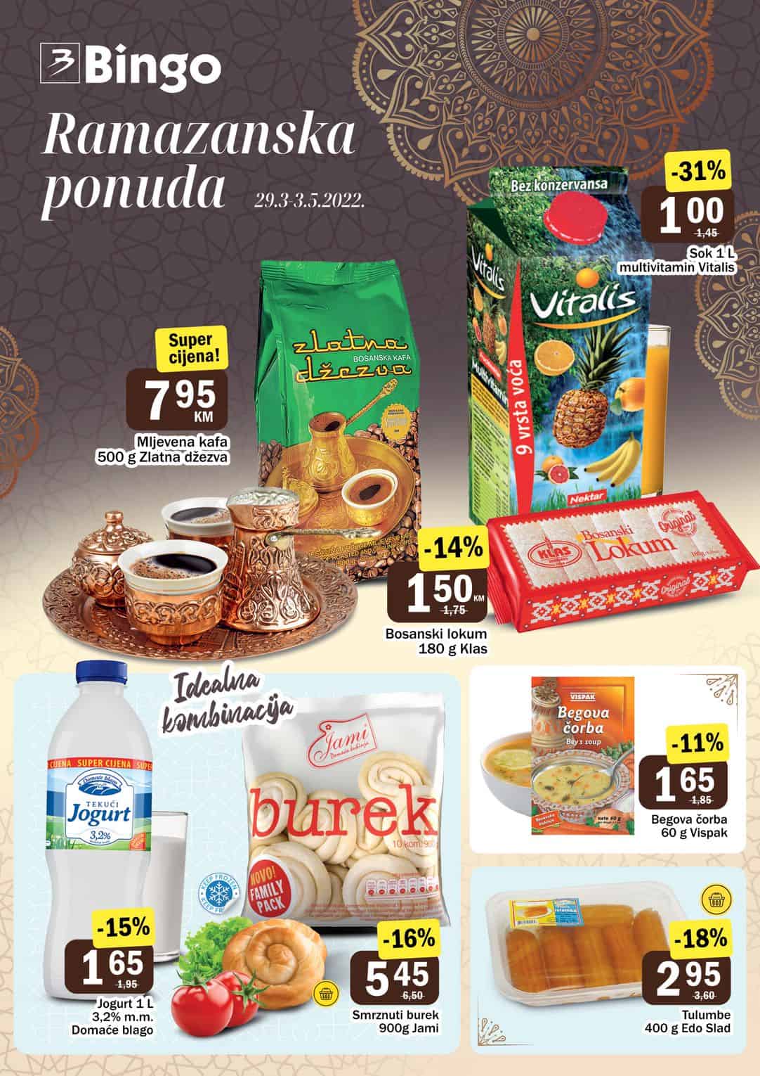 Bingo ramazanska akcija nam donosi super cijene kafe, sokova, mlijecnih proizvoda, mesnih preradjevina, tjestenine, rize! Iskoristite Bingo katalog specijalno izdanje i uštedite novac!