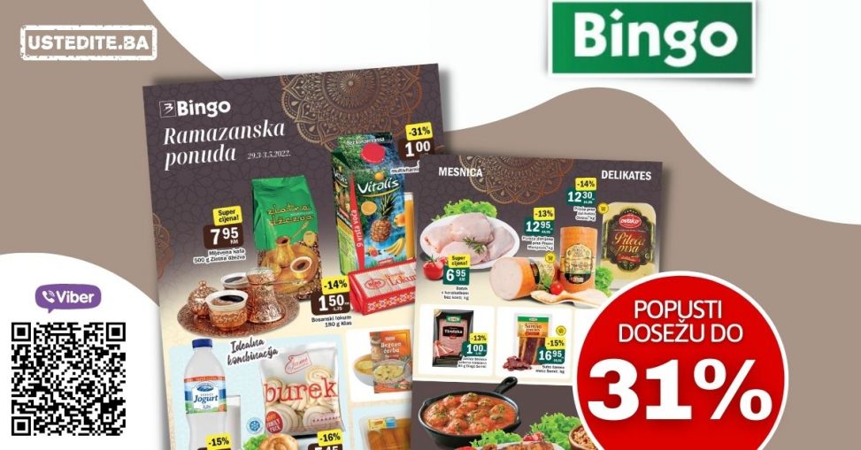 Bingo ramazanska akcija nam donosi super cijene kafe, sokova, mlijecnih proizvoda, mesnih preradjevina, tjestenine, rize! Iskoristite Bingo katalog specijalno izdanje i uštedite novac!