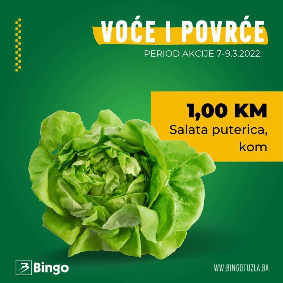 Bingo akcija voce i povrce! U periodu od 07-09.03. u Bingo trgovinama potražite kivi po cijeni od 2,00 KM i salatu putericu po fantastičnoj cijeni od 1,00 KM.