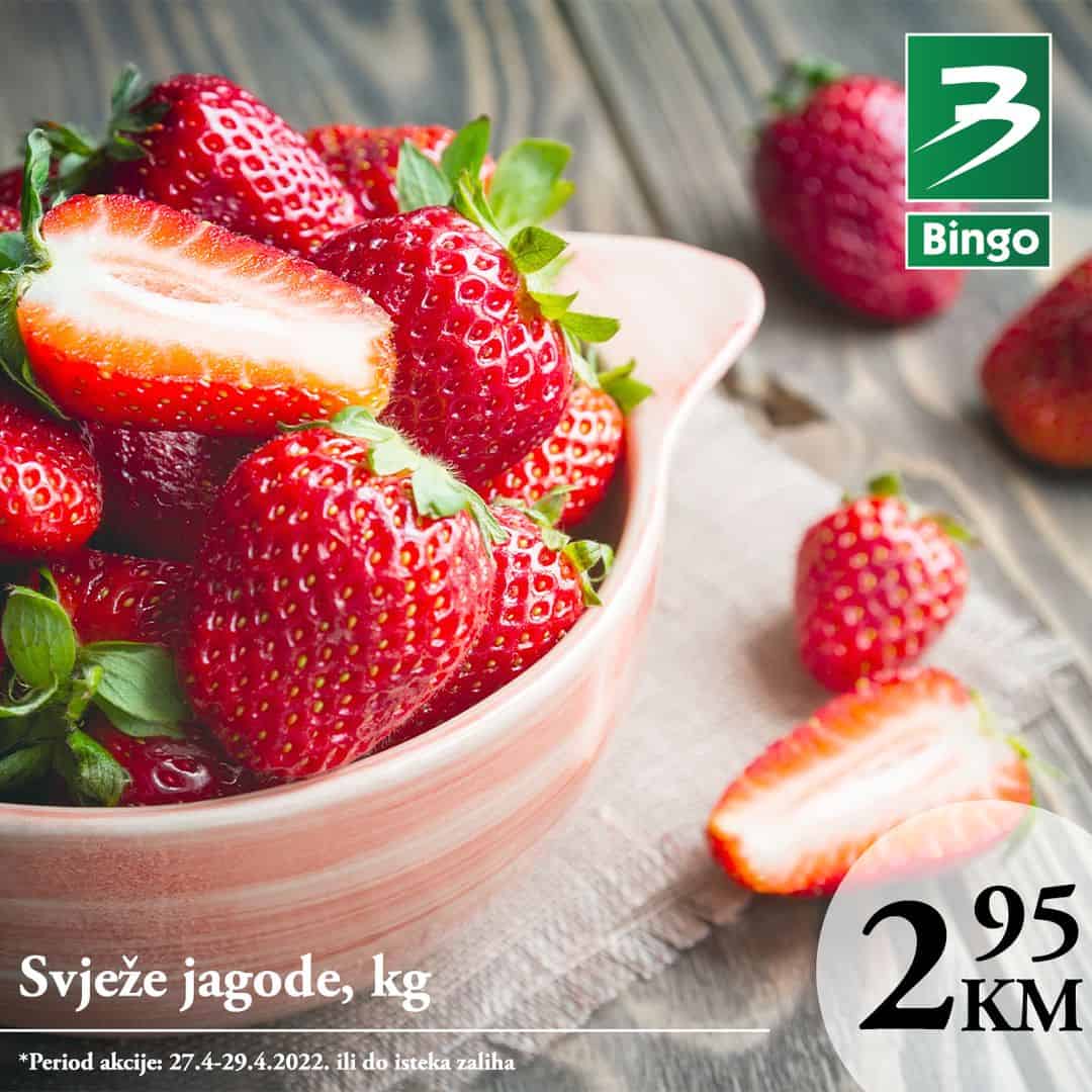 Bingo akcija JAGODE 27-29.04.2022.Svježe jagode pronađite u Bingo trgovinama po fantastičnoj cijeni od 2,95 KM u periodu 27-29.04.2022. ili do isteka zaliha.