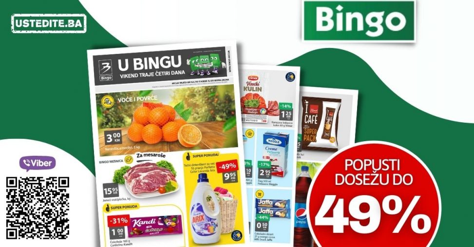 Nova Bingo vikend akcija donosi nam popuste i do 49%! Kupujte po sniženim cijenama meso, mesne praradjevine, mlijecni asortiman, priloge jelima.