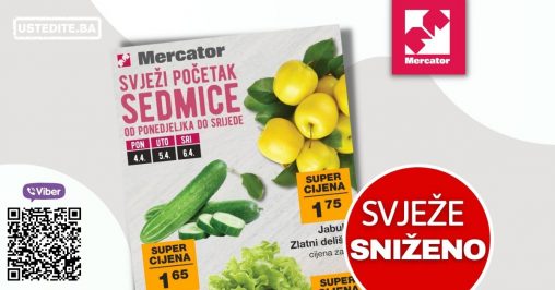 Mercator akcija za pocetak sedmice donoosi nam super cijene jabuka, zelene salate, krastavaca, mrkve, luka i krompira. Potrazite i junjeci but po akcijskoj cijeni. Obradovat ce vas i snizena cijena meggle jogurta i perutnine ptuj salame.