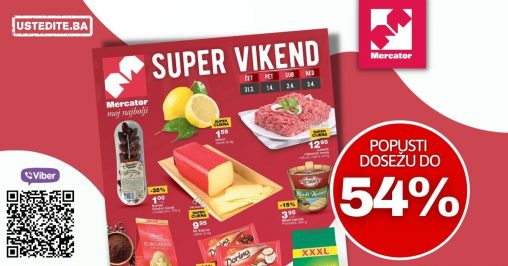 Mercator vikend katalog donosi nam super cijene u Mercator prodavnicama. U ovom Mercator katalog-u pronaći ćete hranu po snižnim cijenama. Na sniženju su jaja, crveno meso, bijelo meso- bataci, smrznuta hrana, zuti tvrdi sir, hurme, kafa. Odlične akcijske cijene i deterdženata za veš!