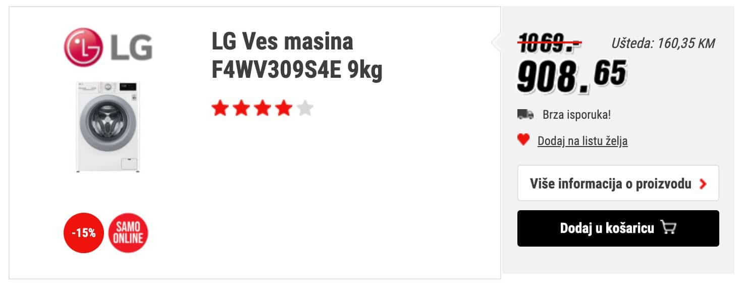LG Ves masina F4WV309S4E 9kg