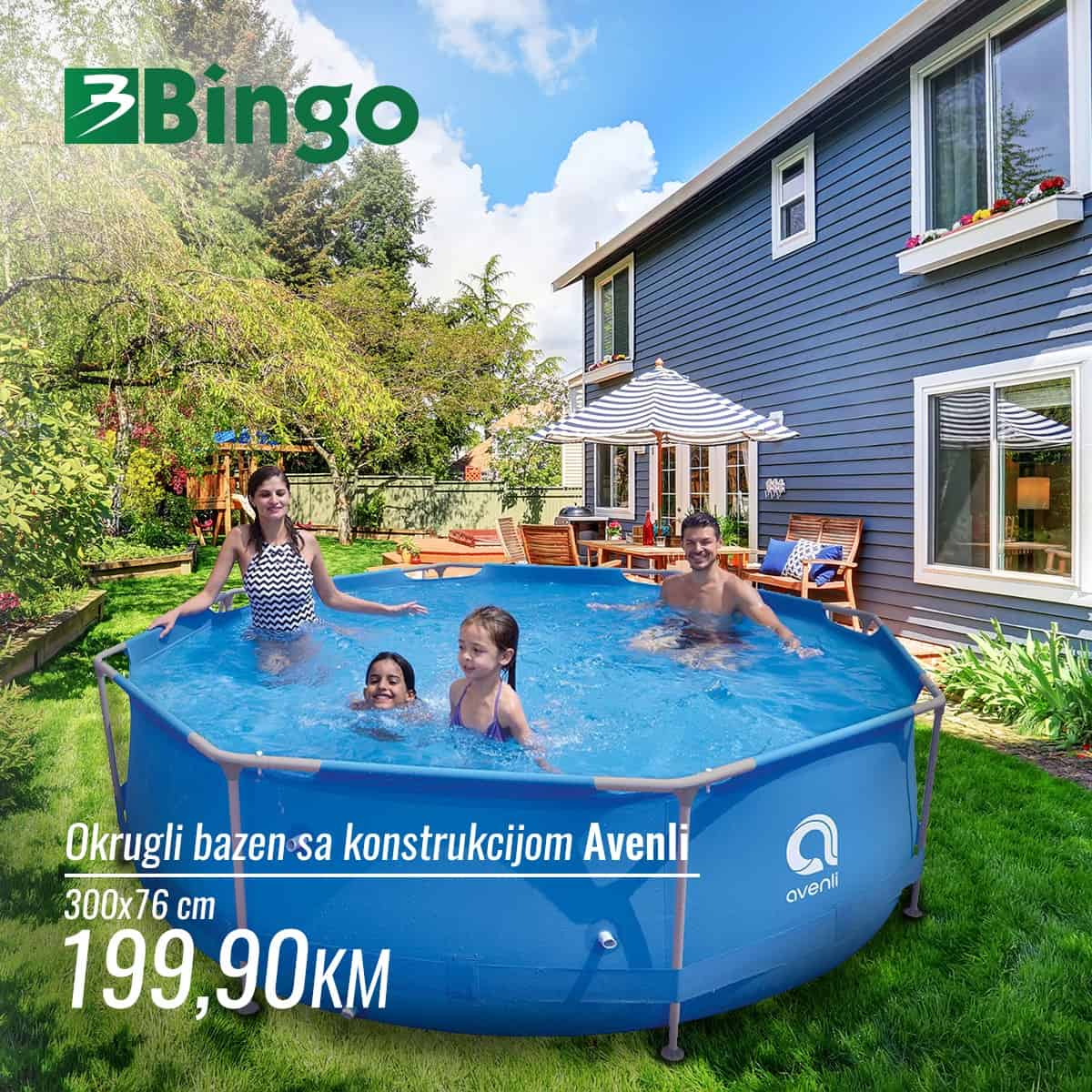 U Bingo prodavnicama pronaci cete sniženje bazena. Akcijske cijene okruglog bazena sa konstrukcijom Avenli 199,90 KM