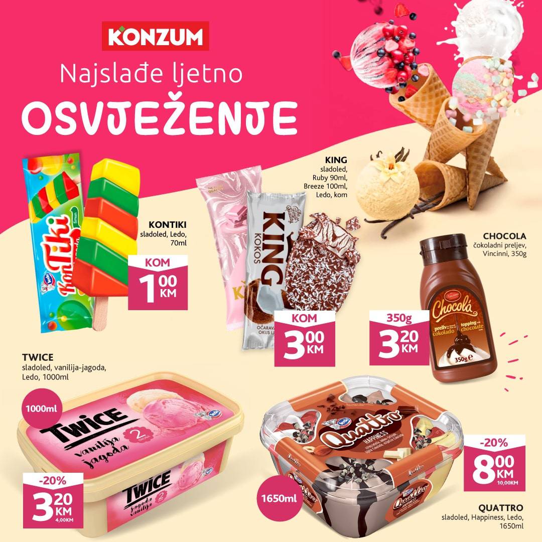 Sladoledi u Konzumu! SUPER CIJENE samo za Tebe juli 2022! Pogledaj Konzum katalog! 