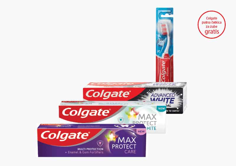 Kupovinom jedne od navedenih Colgate pasti za zube od 75 ml: Max Protect Care, Max Protect White ili Advanced White Charcoal, na kasi preuzmite Colgate putnu četkicu za zube na poklon.