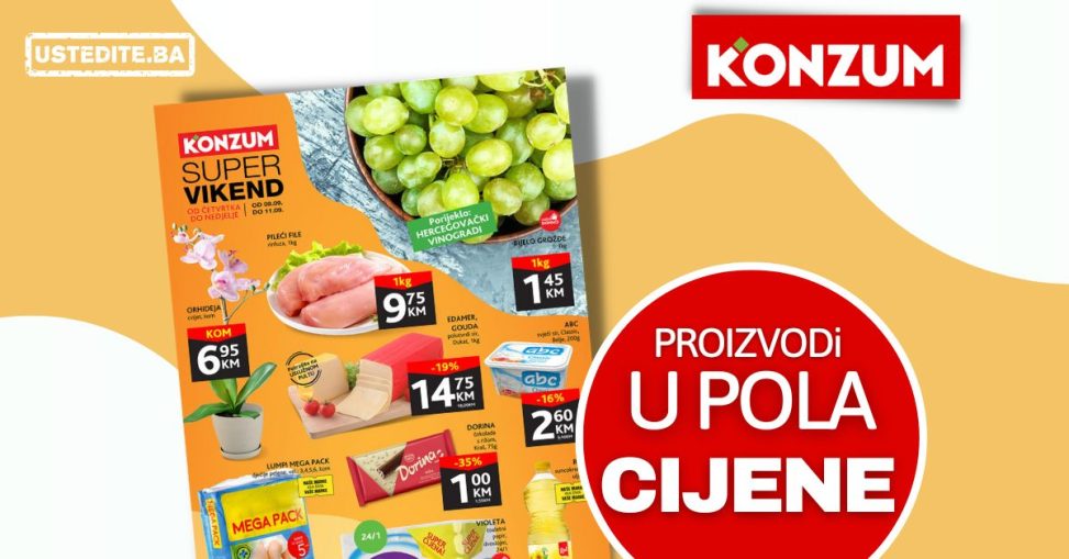 Konzum vikend akcija -PROZIVODI U POLA CIJENE - katalog sniženja 8-11.9.2022