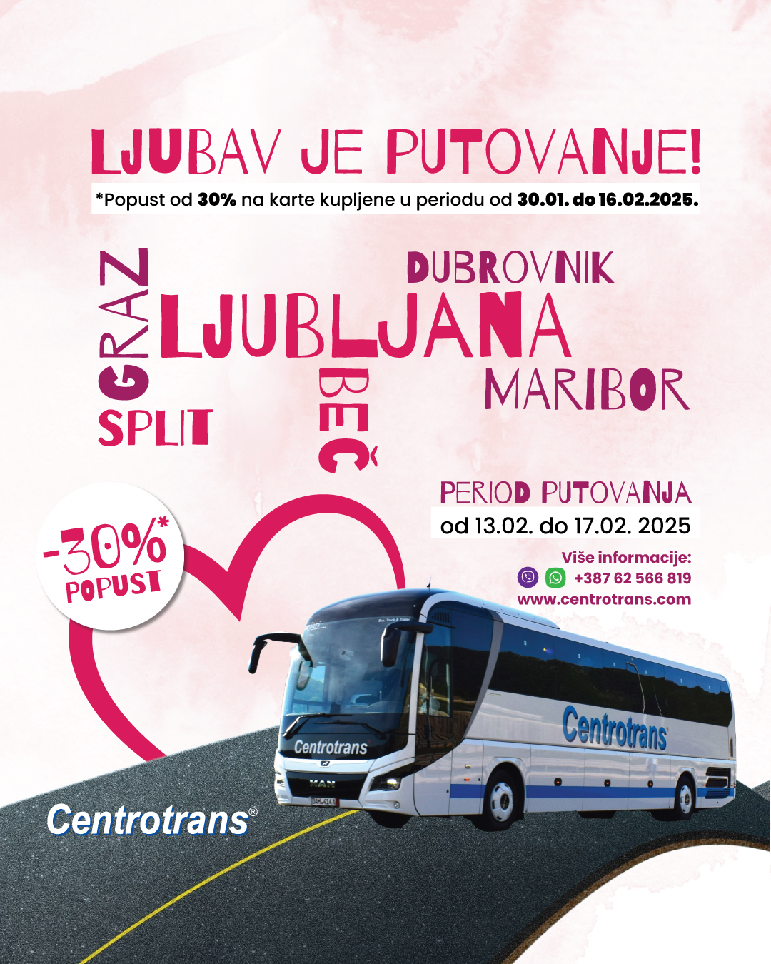 Centrotrans Ljubav je putovanje - Ostvarite 30% popusta 30.1-16.2.2025. 