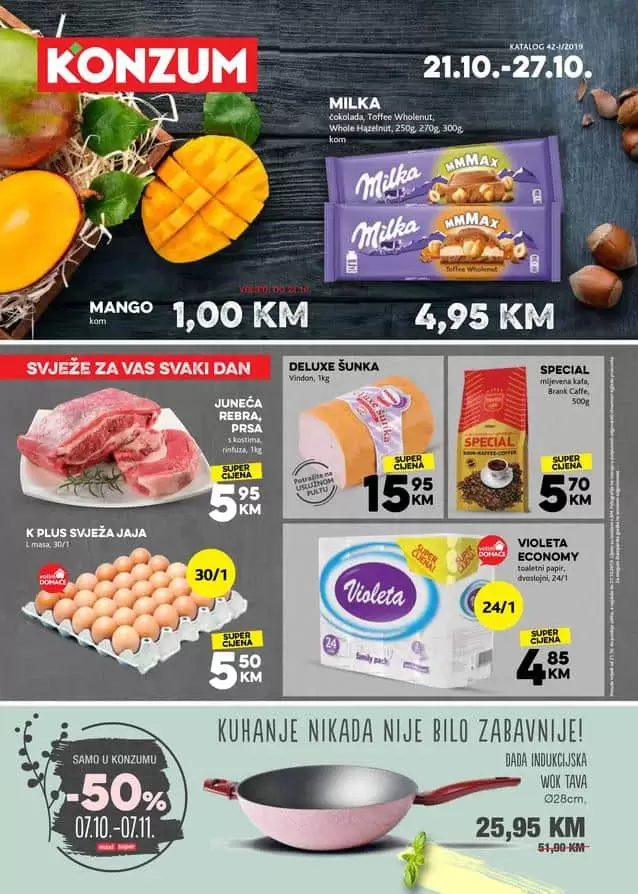 Konzum kataloska akcija mango 1 KM, milka, jaja. Kafa. Violeta toalet papir