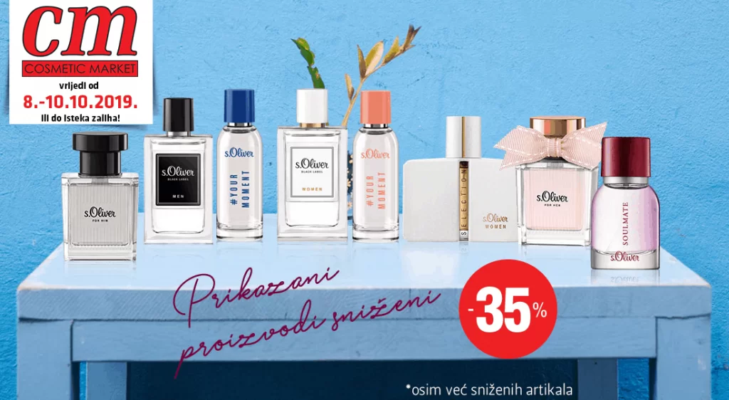 Nježno, čisto i jednostavno ugodno - tako mirišu S.Oliver parfemi. Zahvaljujući ugodnom i laskavom mirisu, parfemi za nju i njega, savršeni su pratitelji za svakodnevni život. Mirisi daju svjetlost i fokusiraju se na najvažnije: dobar osjećaj u svojoj koži i uživanje u minimalizmu.. U cm-u vas od 8.-10.10. čeka sniženje na prikazane S.Oliver parfeme i to -35%. *sniženje se ne odnosi na već snižene artikle donosimo snižene cijene: s.Oliver black label woman edp 30ml 31,30 KM s.Oliver for her edp 30ml 30,20 KM s.Oliver for him edt 30ml 25,85 KM s.Oliver selection woman edt 30ml 25,70 KM s.Oliver soulmate woman edt 30ml 22,45 KM s.Oliver superior man edt 30ml 25,70 KM