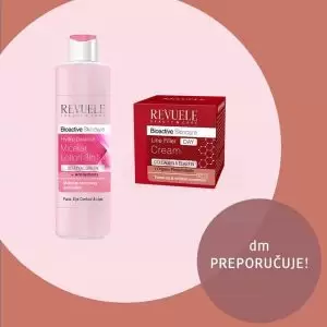 Savršena njega u borbi protiv bora. Revuele proizvodi.   Micelarni losion 3 u 1 nježno i dubinski čisti kožu lica uz intenzivnu detoksikaciju i zaštitu  Krema stimuliše regeneraciju ćelija te proizvodnju kolagena i elastina, procesa koji su naročito aktivni tokom noći. Sprečava prijevremeno starenje kože.
