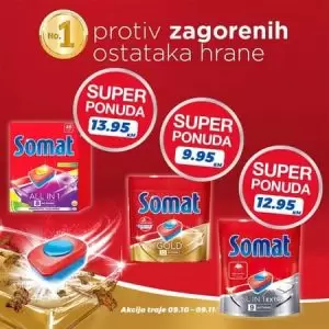 U Bingo marketima u periodu od 10. oktobra do 9. novembra potražite Somat proizvode po sniženim cijenama. Da li ste znali Somat je broj 1 protiv zagorenih ostataka hrane. Somat ALL IN 1 pruža savršene rezultate čišćenja već pri 40°. Dostupan je i s varijantom mirisa Limun & Limeta. Posjetite nas!