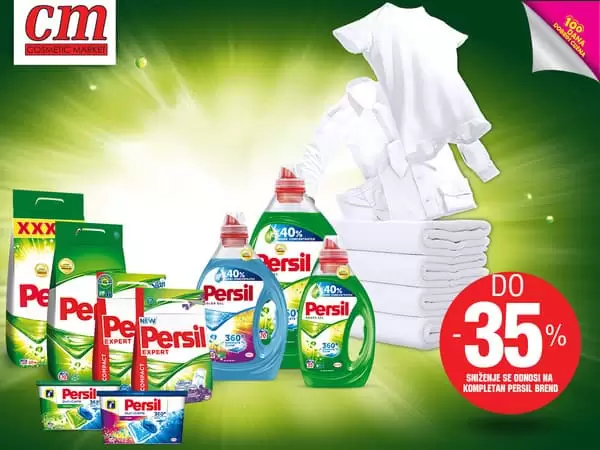 Sve što trebate za mirisno i čisto rublje sadržano je u jednom brendu-Persilu! Odaberite omiljenu liniju odnosno vrstu mirisa i upustite se u avanturu pranja rublja. Kompletan Persil asortiman (prašak za pranje, tekući deterdženti i kapsule) snižen je do -35% u najbližem cm-u!