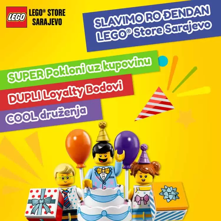 Lego Vas poziva da sa njima proslavite 3 rođendan. Sve je spremno za druženje, poklone uz kupovinu i nagrade.  Druženje uz maskotu LEGO® policajca i zabavne igre uz omiljene LEGO® kockice 19.10.2019 . godine u periodu od 14:00 do 18:00 DUPLI Loyalty bodovi za Loyalty članove 19.10. i 20.10.2019. godine Pokloni uz kupovinu: Prvih 100 kupaca koji ostvare kupovinu preko 10,00 KM na poklon privjesak 850808 (19.10.2019 ili do isteka zaliha) Kupci koji ostvare kupovinu preko 100,00 KM na poklon 853892 LEGO Friends dodatak za kosu ili 853896 Šurikeni od leda. Promo period: 19.10.2019. - 20.10.2019. Ne može se kombinovati sa promocijom za kupovinu ruksaka. Uz kupljeni ruksak preko 99,95 KM na poklon kutija za užinu 853235 ili 853239. Promo period 19.10.2019 - 20.10.2019. Ne može se kombinovati sa promocijom za kupovinu preko 100.00 KM. Lego fb stranica, zaigrajte! 10 nagrada za Like/love i share objave Like & Share - Poklon za dječake Love & Share - Poklon za djevojčice Nagrade za pobjednike sastavljanja na temu rođendana će biti u radnji i mogu se preuzeti 19.10.2019 za rođendansku proslavu. Za učesnike koji ne dobiju glavne nagrade pripremili smo utješne nagrade u znak zahvalnosti za učešće. Neka zabava započneee, poručuju iz Lego trgovine!