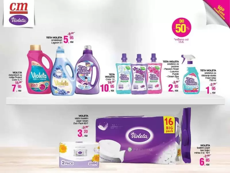 Volimo Violetu iz više razloga! Prije svega kupovinom stimuliramo domaće gospodarstvo, čime činimo dobro, te svakako, svaki proizvod je odlične kvalitete čija cijena ne narušava naš kućni budžet! S Violetom naši podovi mirišu na cvijeće a rublje na najljepše parfemske note s potpisom francuskih parfimera! Iskoristite cm akciju "100 dana dobrih cijena" i pojurite u nabavku za vaše domaćinstvo, jer Violeta proizvodi su sniženi i do -50!