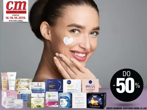 Njegovana i lijepa koža imperativ je za ženu u svakoj životnoj dobi, a kako su stručnjaci s godinama otkrili što odgovara kojem tipu i zašto je pametnije u nekim godinama više ili manje koristiti određene proizvode, treba to iskoristiti i tako dobiti moćne saveznike. U cm-u od 16.-18.10. potražite sniženje do -50% na odabrani asortiman krema za lice.