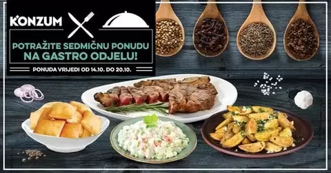 Svaki dan isto pitanje. Šta kuhate danas?  Nemate ideje, nemate vremena. Mi imamo odlično rješenje. Pogledajte Konzum-ov akcijski katalog na gastro odjelu. Jedini "problem" koji ćete imati je kako odoljeti fantastičnim jelima.  mmm, šta birate? Pečene pileće batake 1 kg 8,50 KM sa pekarskim krompirom 1 kg 5,50 KM ili pečenu teletinu 1 kg 15,50 KM sa musakom od krompira 1 kg 6,95 KM??  U konzumu svaki dan dobre akcije. Odlicna ponuda vas ceka na gastro odjelu i odjelu pekare. Sta vi kuhate danas za rucak?