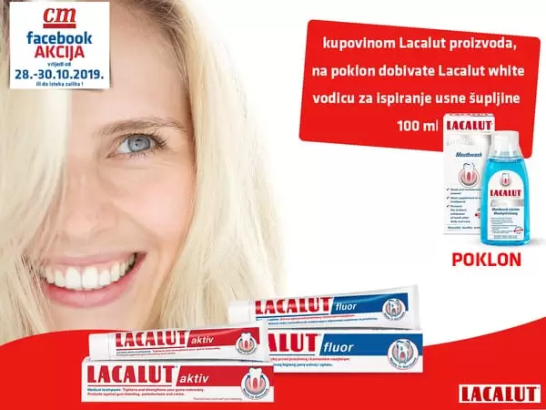 Uz svaki kupljeni Lacalut proizvod, na poklon dobivate -Lacalut white vodicu za ispiranje usne šupljine 100 ml! Korištenjem Lacalut white otopine sprječava se formiranje plaka i zadržava prirodna bijelina čistih zubi. Uklanja svaku boju i remineralizira zubnu caklinu. Za prirodno jake i bijele zube. Ne propustite ovu odličnu ponudu u cm poslovnicama u periodu od 28.-30.10. 2019. godine
