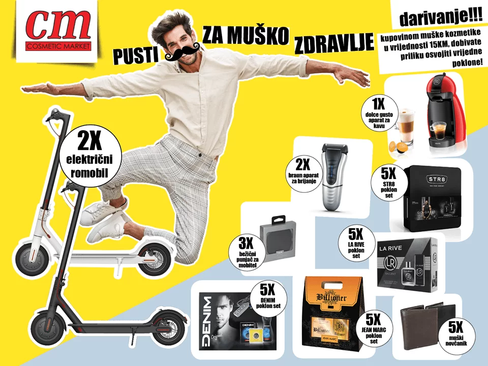 "Pusti brkove za muško zdravlje" Muškarci, 11. mjesec je posvećen vama i vašem zdravlju! "Movember" kampanja pokrenuta je sa jednim ciljem a to je da naši muškarci budu zdravi, vedri i nasmijani. U ovom mjesecu cm vas poziva da sudjelujete u super darivanju u kojem možete osvojiti i više nego vrijedne poklone koji su prikazani na fotki.   Pravila su sljedeća: u periodu od 1.-30.11. kupovinom muške kozmetike u vrijednosti 15 KM i više (dezodorans, roll on, deo stick, after shave, balzam poslije brijanja, pjena i gel za brijanje, gel za tuširanje,muški setovi i brijači) imate mogućnost osvajanja lijepih i kvalitetnih poklona. Račune sa naznakom "Movember" šaljite u inbox cm fb stranice. Imena dobitnika će biti objavljena u četvrtak, 5.12. ove godine. Sretno svima! ?
