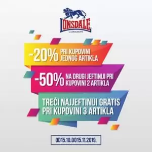 Fenomelnalno sniženje na Lonsdale muške modele. Sve do 15.11. iskoristi 20% popusta na jedan, 50% popusta na jeftiniji pri kupvini dva artikla ili treći najjeftinji GRATIS pri kupovini tri artikla.  Vidimo se u Sport Vision radnjama.