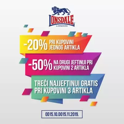 Fenomelnalno sniženje na Lonsdale muške modele. Sve do 15.11. iskoristi 20% popusta na jedan, 50% popusta na jeftiniji pri kupvini dva artikla ili treći najjeftinji GRATIS pri kupovini tri artikla. Vidimo se u Sport Vision radnjama.