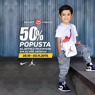 Za razigrane mališane Nike sniženje !  Samo od 28.10. do 3.11. iskoristi čak ▶️ 50% popusta! Popust vrijedi za najjeftiniji artikal pri kupovini dva ili više obilježenih artikala. Vidimo se u Sport Vision radnjama. 