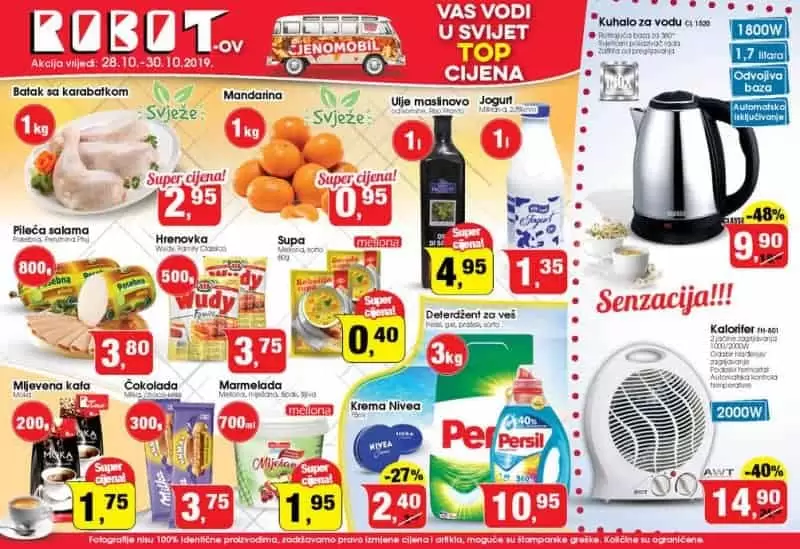 Robotov cjenomobil Vam donosi super akciju za početak sedmice ?! Iz aktuelne ponude izdvajamo Kuhalo za vodu sniženo čak 48%, kupite ga za samo 9,90 KM. Kalorifer snižen 40%, kupite ga po super cijeni od 14,90 KM. Krema Nivea 75 ml samo 2,40 KM.  Uzivajte u super akciji!