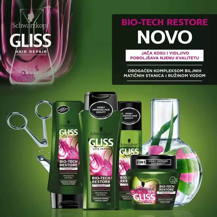 Gliss Bio-Tech Restore linija proizvoda bez silikona, s kompleksom biljnih matičnih stanica i ružine vodice posebno je namijenjena osjetljivoj kosi koja se lako oštećuje. Izaberite novi Gliss za oporavak kose od korijena do vrhova! dm drogerie markt