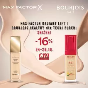 Koji puder više odgovara vašem licu? Max Factor ili Bourjois? Prikazane tekuće pudere potražite u cm-u od 24.-26.10. snižene -16% Cijene su sljedeće: Bourjois tekući puder hmix akcijska cijena 23,50 KM (stara cijena 27,95 KM) Max Factor radiant lift tekući puder akcijska cijena 22,95 KM (stara cijena 27,45 KM)