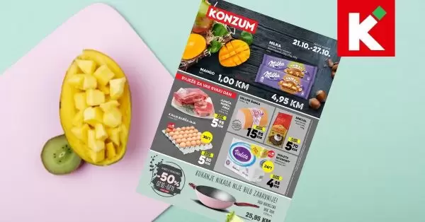 Konzum nam donosi super sniženje!  Iz aktuelne ponuda izdvajamo Mango samo 1 KM. Milka praline 3,75 KM. Pelene Becutan već od 16,95 KM. Persil deterdžent family pack snižen 40%. Cuver košare snižene 50%.  Uživajte u Konzum-ovom super akcijskom katalogu!