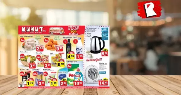 Robotov cjenomobil Vam donosi super akciju za početak sedmice ?! Iz aktuelne ponude izdvajamo Kuhalo za vodu sniženo čak 48%, kupite ga za samo 9,90 KM. Kalorifer snižen 40%, kupite ga po super cijeni od 14,90 KM. Krema Nivea 75 ml samo 2,40 KM. Uzivajte u super akciji!
