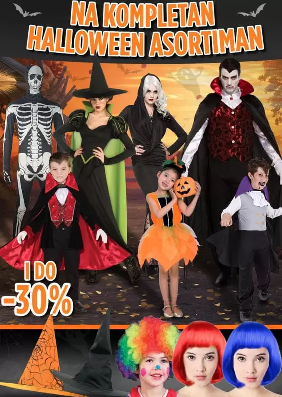 Velika akcija Helloween asortimana. kostimi za helloween. perike u bingo akcijskom katalogu.