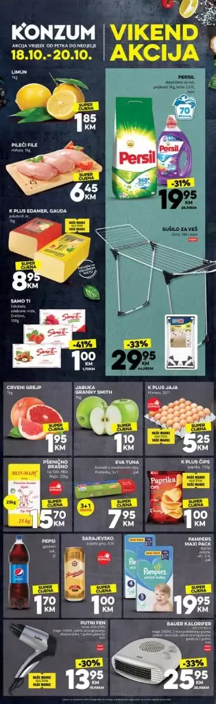 Konzumova vikend akcija donosima nam odlicno snizenje. susilo za ves snizeno 33%. kupite ga za samo 29.90 KM. Persil deterdzent 19.90 KM.