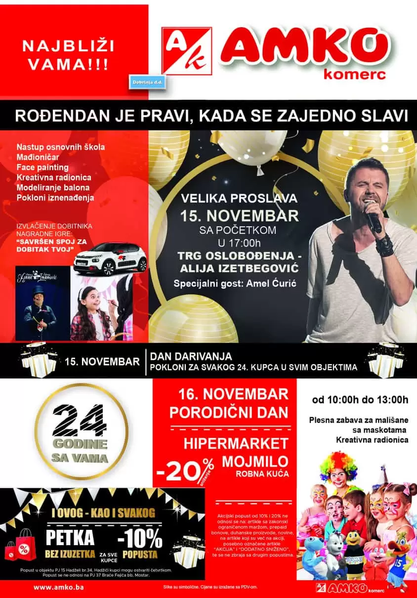 24 godine sa Vama! Veeelika rođendanska proslava.  Svi na Trg Oslobođenja - Alija Izetbegović, 17:00 - 20:00 h   Očekuje Vas!  Nastup osnovnih škola: (hor, recital, folklor, ples,...)  Mađioničar Kenan Imamović  Plesni klub Just dance  Zumba instruktor Jasmin Begović  Specijalni gost: Amel Ćurić  Od 17:00 - 20:00 - face painting, kreativna radionica, modeliranje balona, društvene igre, ...