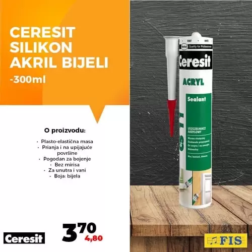 Ljepila i silikoni su neizostavna pomagala u uređenju kuće, okućnice i drugog. U periodu do 31.12.2019. nudimo vam popust do 30% na Pattex višenamjenska ljepila i Ceresit montažna ljepila i silikone. Brzo i efikasno rješenje neka se nađe uvijek pri ruci ?.Ponudu potražite na odjelu alata u svim centrima FIS . ceresit silikon akril bijeli. 