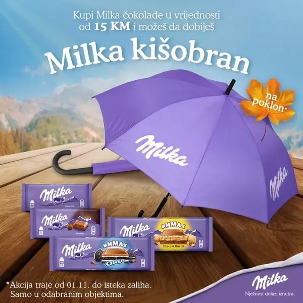 KO KUPI, TAJ I DOBIJA! ☂️? Od 01. novembra pa do isteka zaliha, kupovinom Milka čokolade u vrijednosti od 15 KM na poklon dobijate Milka kišobran. Po kupovini se dobije jedan poklon, koji možete preuzeti uz račun na info pultu Mercatora.