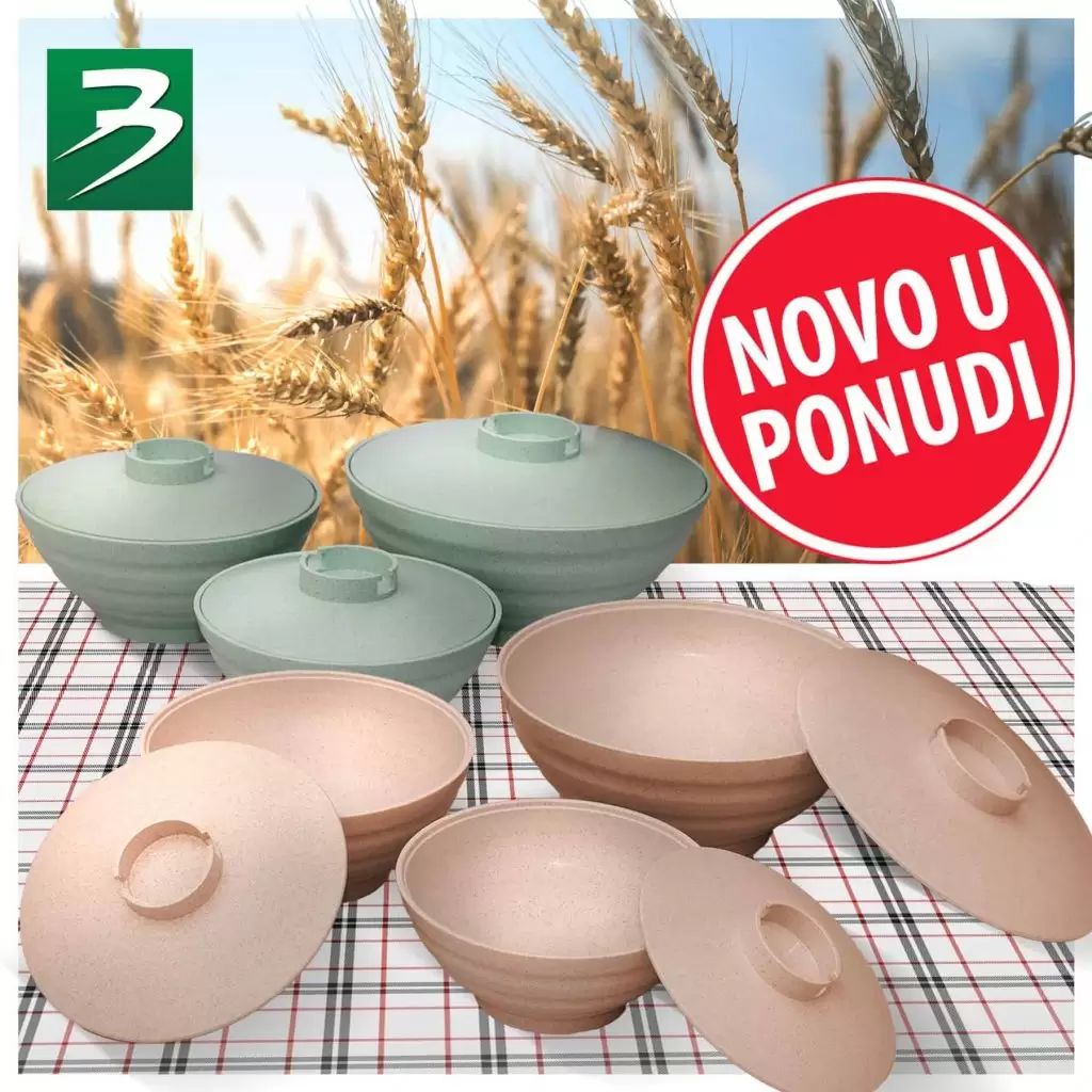 U Bingo marketima potražite Novo u ponudi. Zdjele sa poklopcem 3/1 napravljene od mješavine prirodne pšenične slame i plastike. Ovakav specifičan sastav zdjela omogućava duži vijek trajanja, upotrebu u mikrovalnoj, frižideru i zamrzivaču obzirom da je otporan na temperaturu od -20 C do 100 C, te pranje u mašini za suđe. Set 3/1 sadrži zdjele od 750 ml, 1000 ml i 1900 ml. Posjetite nas i potražite set zdjela vrhunskog kvaliteta! 