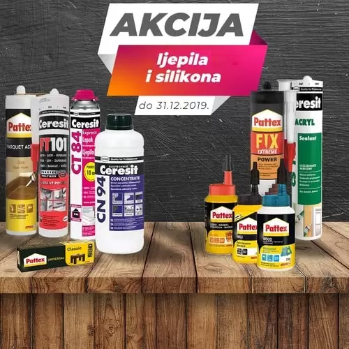 Ljepila i silikoni su neizostavna pomagala u uređenju kuće, okućnice i drugog. U periodu do 31.12.2019. nudimo vam popust do 30% na Pattex višenamjenska ljepila i Ceresit montažna ljepila i silikone. Brzo i efikasno rješenje neka se nađe uvijek pri ruci ?.Ponudu potražite na odjelu alata u svim centrima FIS. super akcija ljepila i silikona