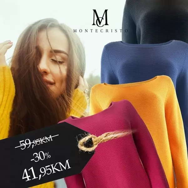 ‼️? MONTECRISTO WEEK 07.11-14.11.‼️?  Ovaj praktični Montecrosto džemper možete kombinovati uz gotovo sve odijevne predmete. Džemper koji pristaje svakoj ženi, ugodnog materijala, dostupan u četri boje i niže cijene za 30%!