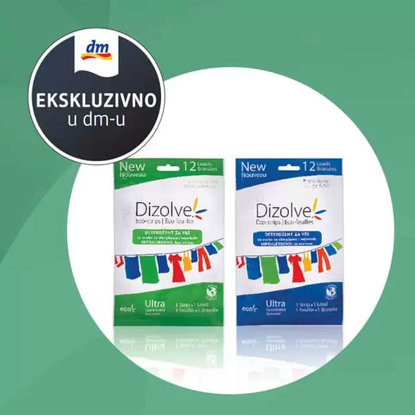 NOVO u dm prodavnicama - Dizolve deterdžent za veš u listićima! ? Čist, zelen, jednostavan, eko! Deterdžent koji je prijatelj okoliša i ekološki je prihvatljiv! Svaki Dizolve Eko-listić sadrži tačno odgovarajuću količinu sredstava za jedno pranje. Učinkovito uklanja mrlje i održava veš čistim, a djeluje i u hladnoj vodi. Bez parabena i fosfata, hipoalergen, veganski proizvod. Potražite u dm prodavnicama male Dizolve listiće deterdženta s mirisom ili bez mirisa. ??