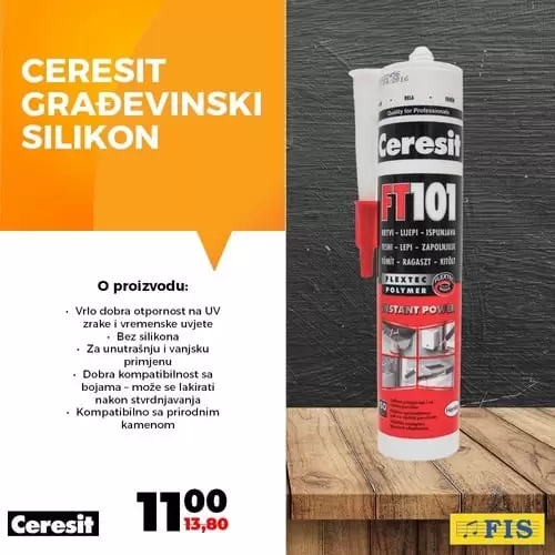 Ljepila i silikoni su neizostavna pomagala u uređenju kuće, okućnice i drugog. U periodu do 31.12.2019. nudimo vam popust do 30% na Pattex višenamjenska ljepila i Ceresit montažna ljepila i silikone. Brzo i efikasno rješenje neka se nađe uvijek pri ruci ?.Ponudu potražite na odjelu alata u svim centrima FIS. ceresit gradjevinski silikon 