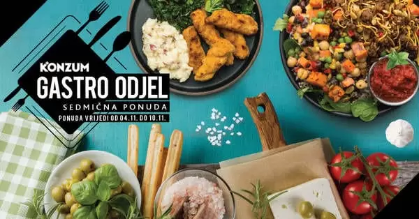 Dok se umorni vraćate s posla ne morate brinuti šta ćete spremiti za ručak ili večeru, Konzum misli na vas! Na odjelima Gastro i Pekara vaših Super ili Maxi Konzum prodavnica, svakodnevno kuhamo samo za vas . super akcija na gastro odjelu.