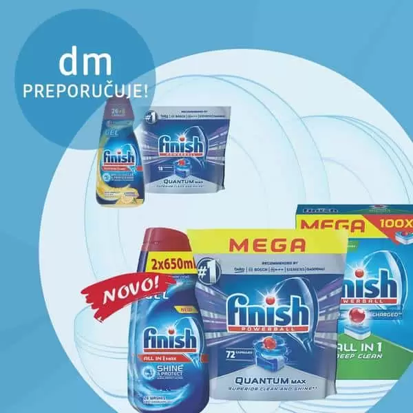 Sve što vam je potrebno za savršeno pranje suđa – Finish proizvodi!   Nove Finish Quantum Max Shine & Protect tablete za strojno pranje suđa pružaju vrhunsku čistoću i fantastičan sjaj uz dodatnu zaštitu od korozije stakla. Finish Quantum Max Shine & Protect tablete: učinkovito odstranjuju mrlje imaju funkcija namakanja odstranjuju mrlje od čaja imaju funkciju soli imaju funkciju ispiranja učinkovito uklanjaju masnoću učinkovito djeluju i na niskim temperaturama zaštitit će filter štite od kamenca štite stakloštite srebro sadrže dodatnu tvar za povećanje sjaja Potražite u dm prodavnicama i finish Gel limun od 650 ml te finish Gel u pakovanju od 2 x 650 ml. 